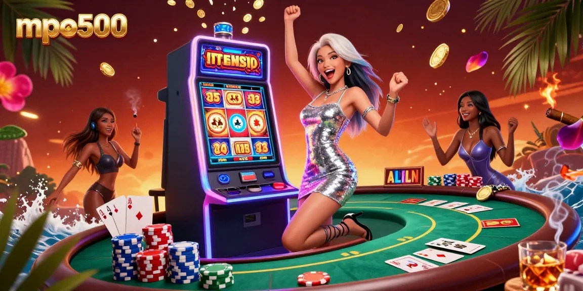 Experience the excitement of mpo500 with a joyful Asian woman celebrating a jackpot win at a vibrant casino.