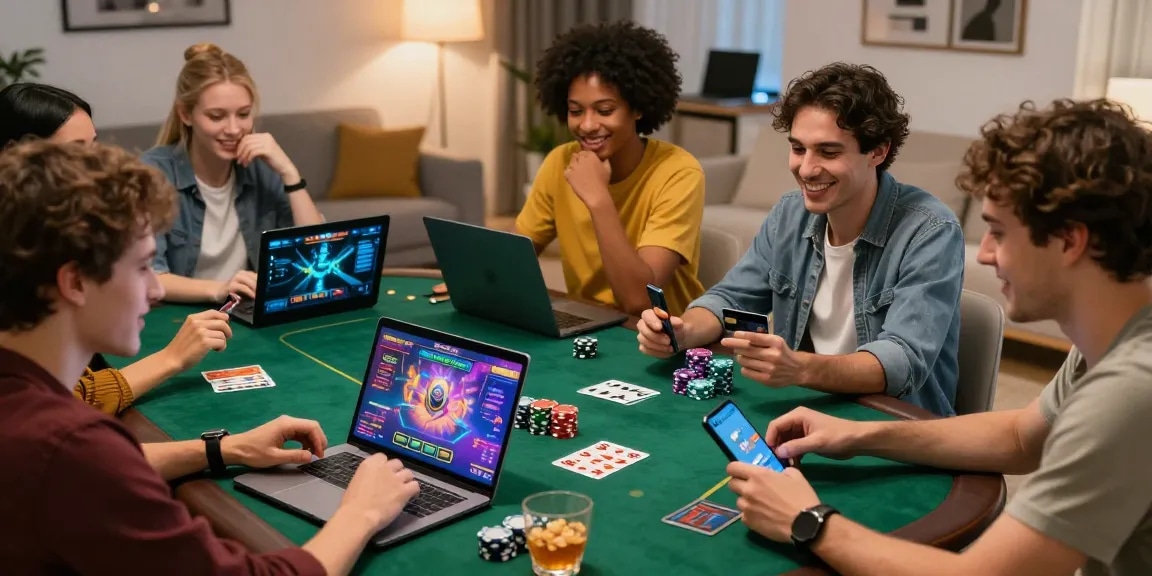 Credit card casinos scene featuring friends playing at home enjoying online games at https://eviz.org.uk with laptops and chips.