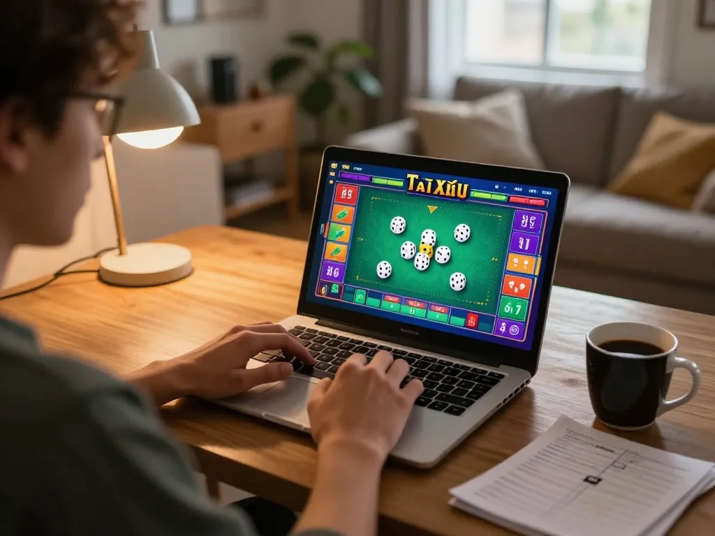 Tài xỉu online game displayed on laptop with player engaged in a cozy home setting.