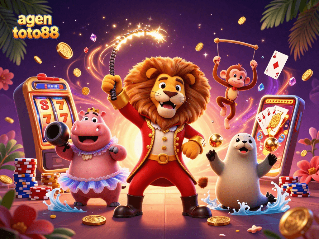 Experience big wins with agen toto88, featuring lively cartoon characters and vibrant casino elements.