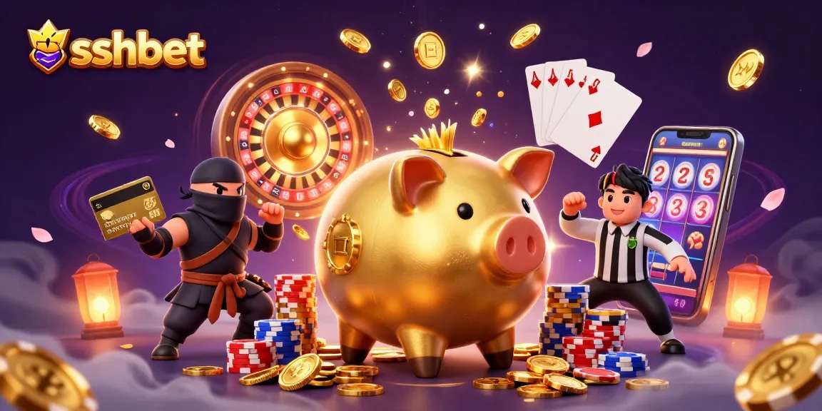 Experience thrilling action at sshbet with a golden piggy bank sumo wrestler and dynamic casino elements.