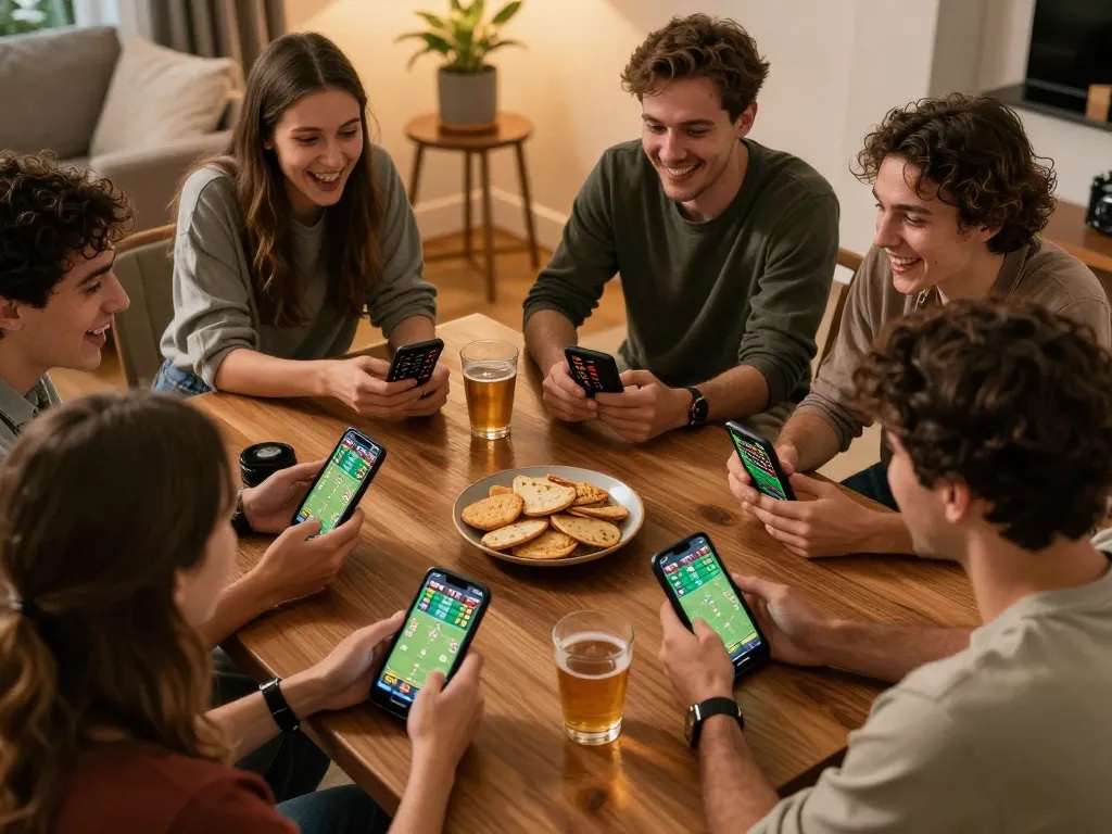 Friends enjoying trang cá cược bóng đá while discussing betting strategies during home game night.