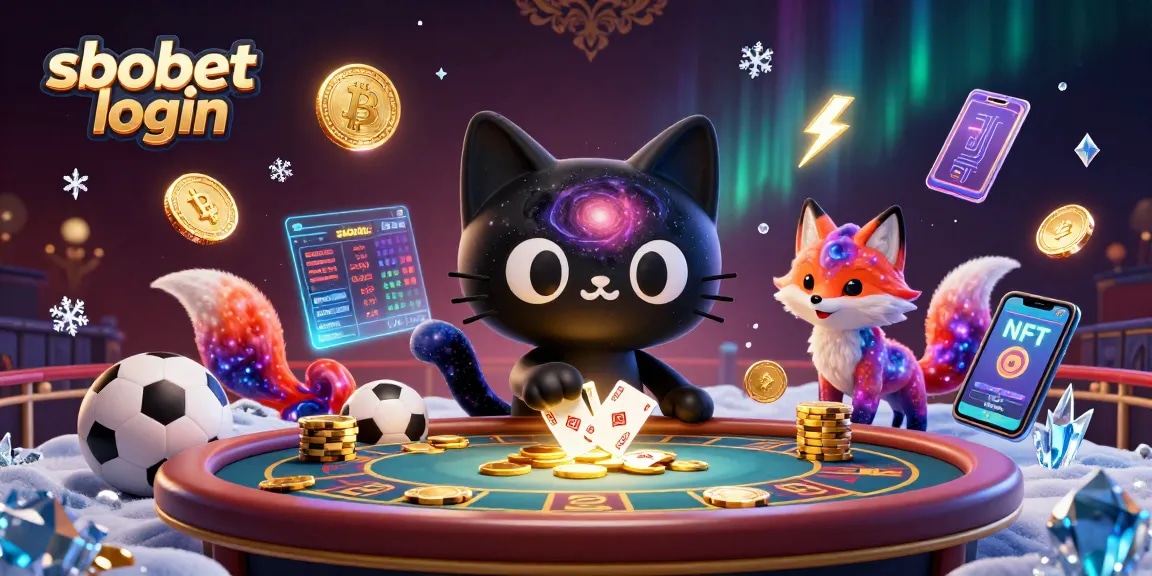 Engaging sbobet login scene showcasing a cute cosmic cat and colorful fox amidst sports betting icons and crypto elements.