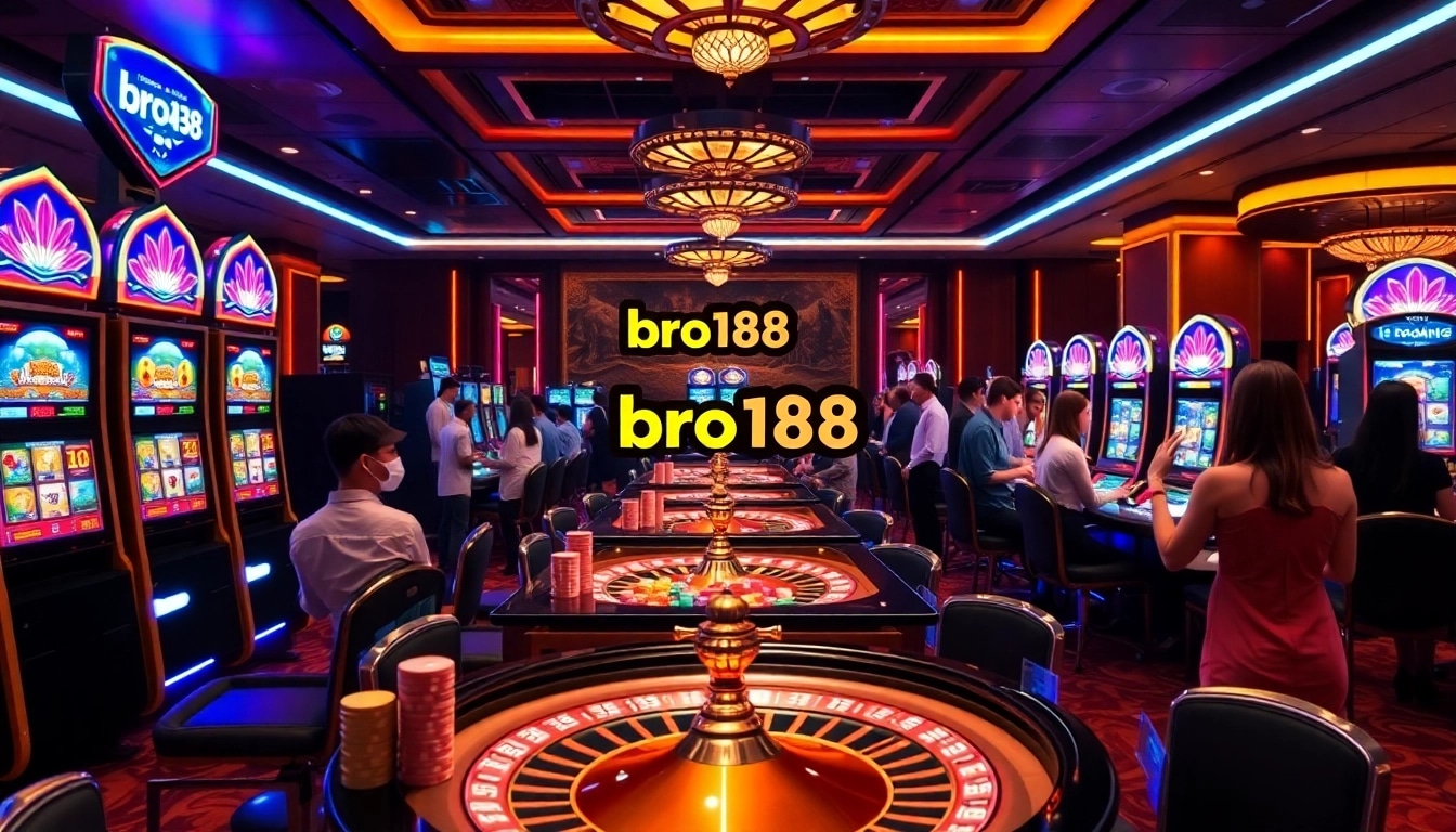 Players enjoying the thrill of bro138 slot machines in a vibrant casino atmosphere.