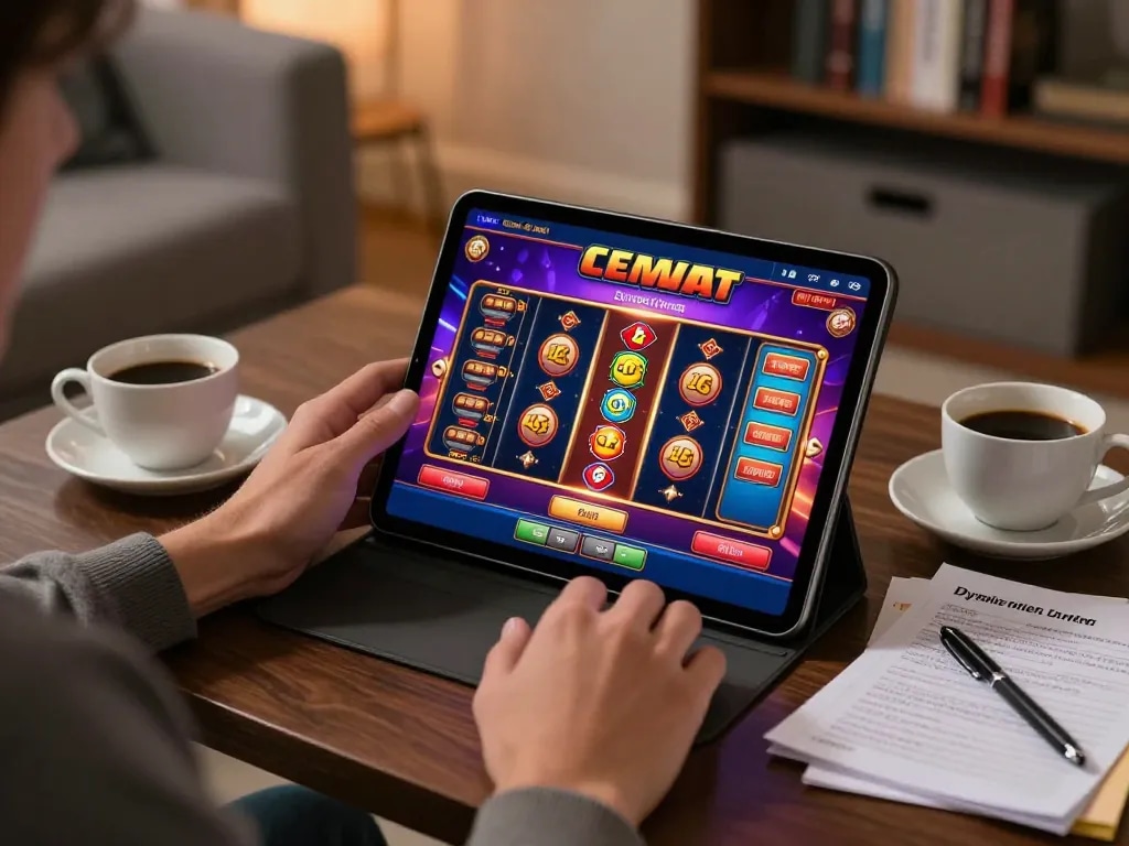 Engaging with a situs toto slot game online in a cozy living room setup, enhancing responsible gambling.