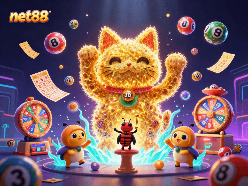 Experience net88's excitement with vibrant lottery elements and lucky charms in a dynamic casino scene.
