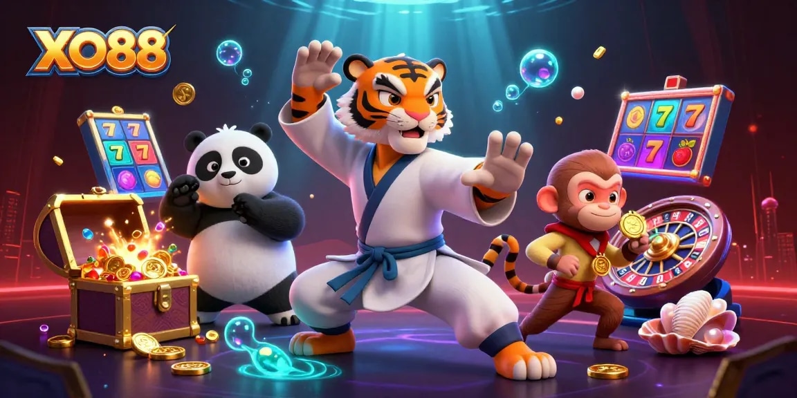 Engage in thrilling casino action with XO88's vibrant 3D illustration showcasing exciting games and characters