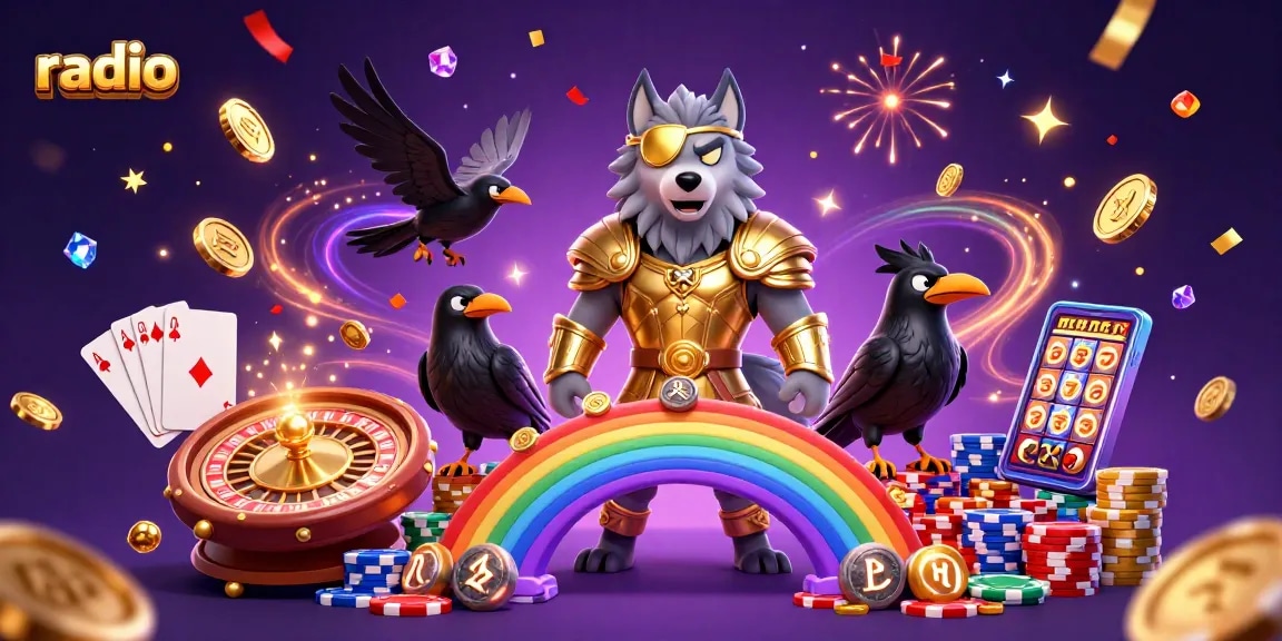 Radio-themed 3D casino scene featuring Odin with ravens, golden coins, and festive elements