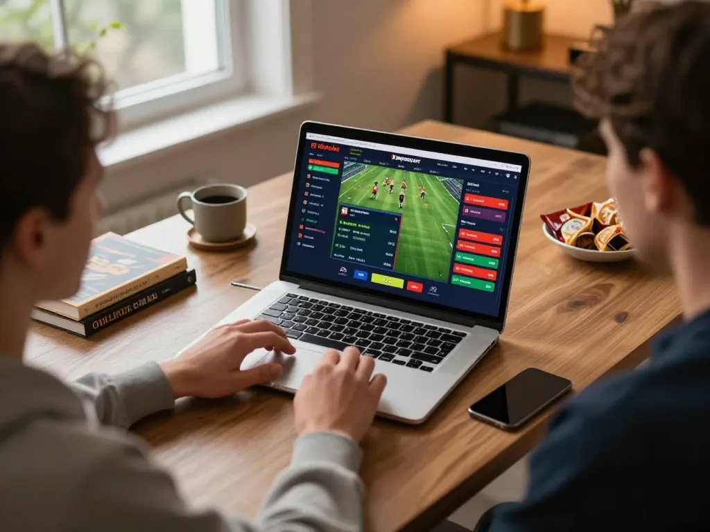 Engaging in live sports betting on mposport interface at a stylish home desk setting.
