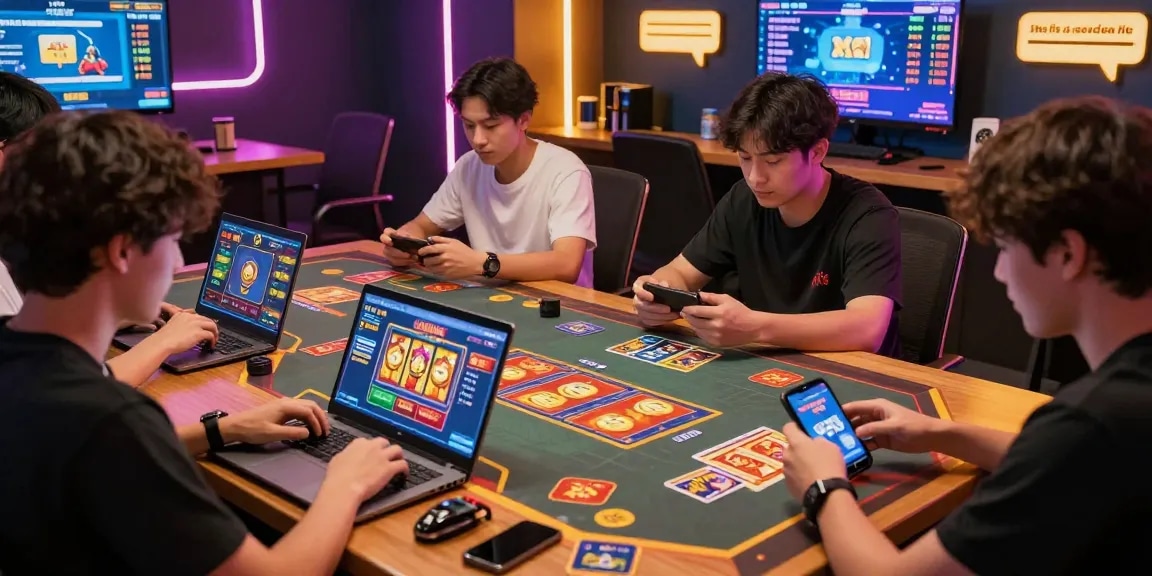 Exciting online gaming environment at https://gamebaidoithuong.is/ with players enjoying card games, vibrant atmosphere, and digital displays.