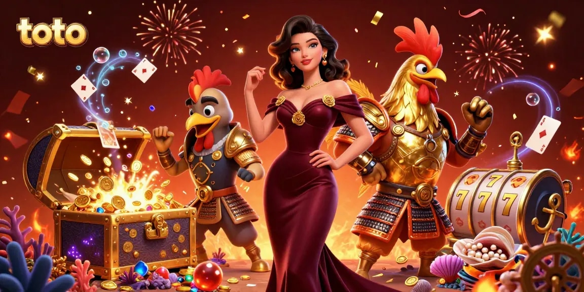 Engage in thrilling toto gaming with glamorous characters amid vibrant casino elements and treasures.