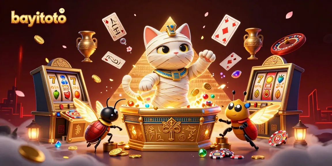 Engage with bayitoto for thrilling slot adventures featuring a cartoon mummy cat and treasures.