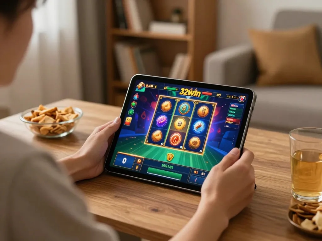 Engaging gameplay at 32win slots displayed on tablet in a cozy home environment.