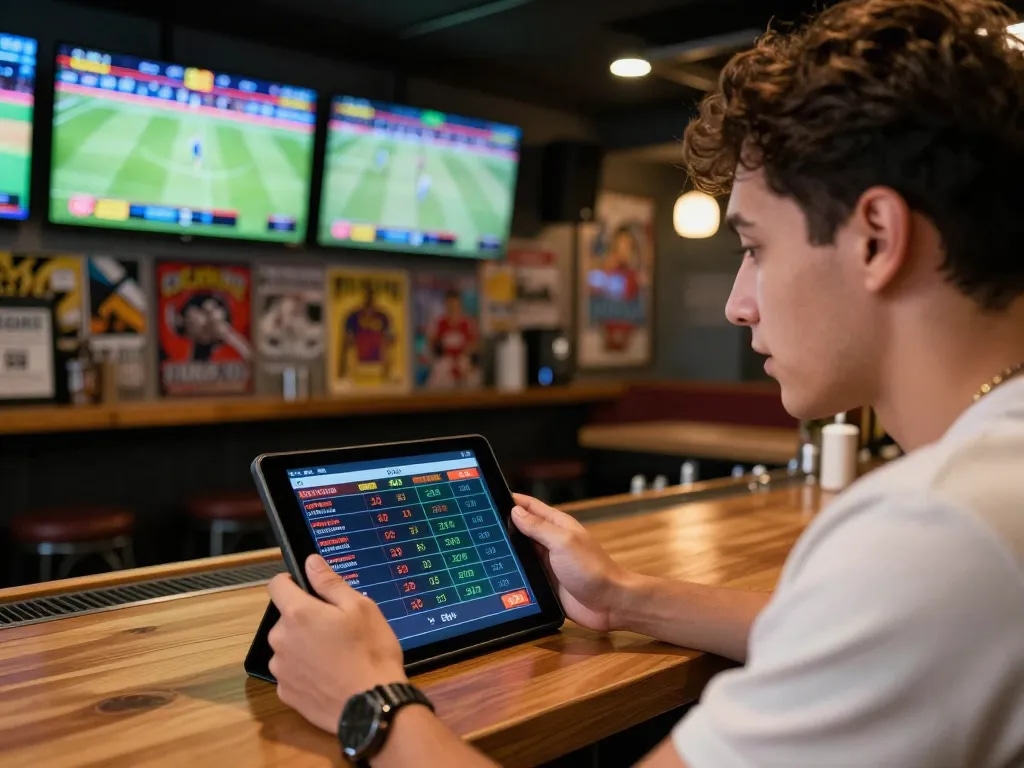 Engaged sports bettor using tablet for live bets at kebet.br.com with multiple screens in the background