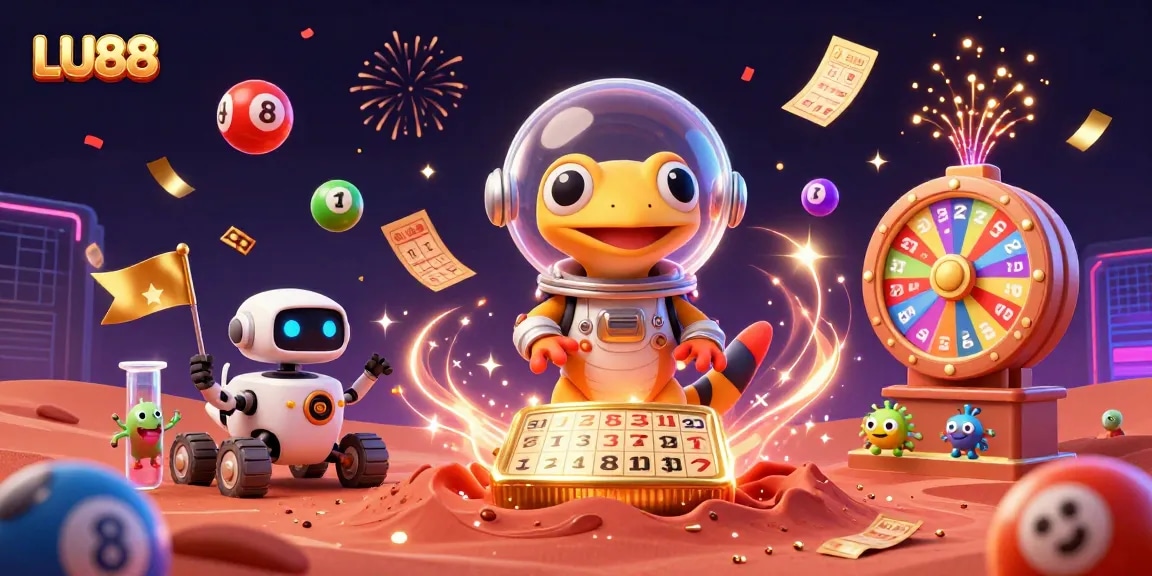 LU88 casino adventure with a Martian gecko and robot rover exploring riches among joyfully bouncing lottery balls.