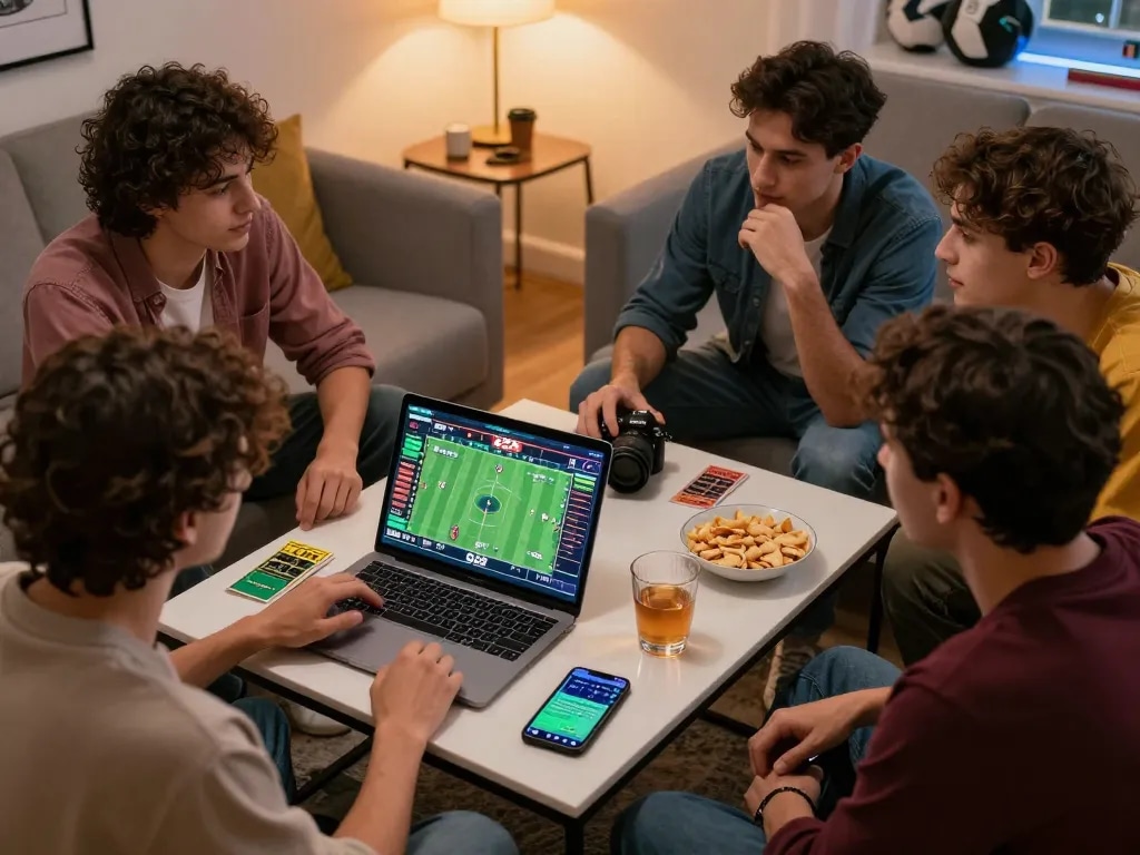 Exciting group of friends analyzing sports statistics while enjoying the g28 game on a cozy game night setup.