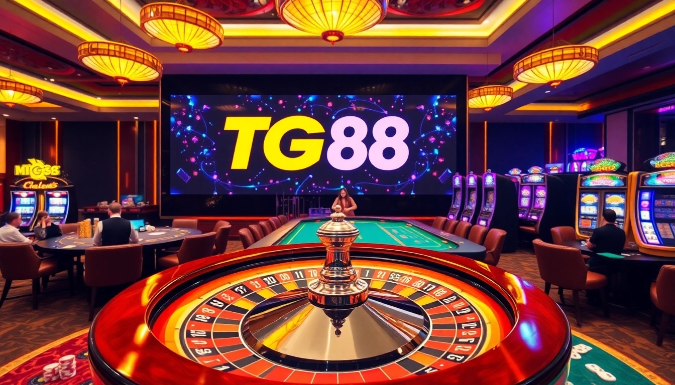 Experience the thrill of TG88 at a vibrant casino with roulette and poker tables.