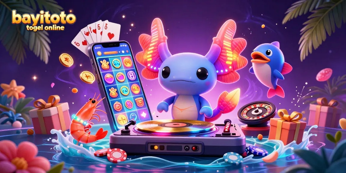 Experience thrilling action at bayitoto togel online with a vivid 3D scene showcasing a whirling axolotl DJ amid vibrant casino games.