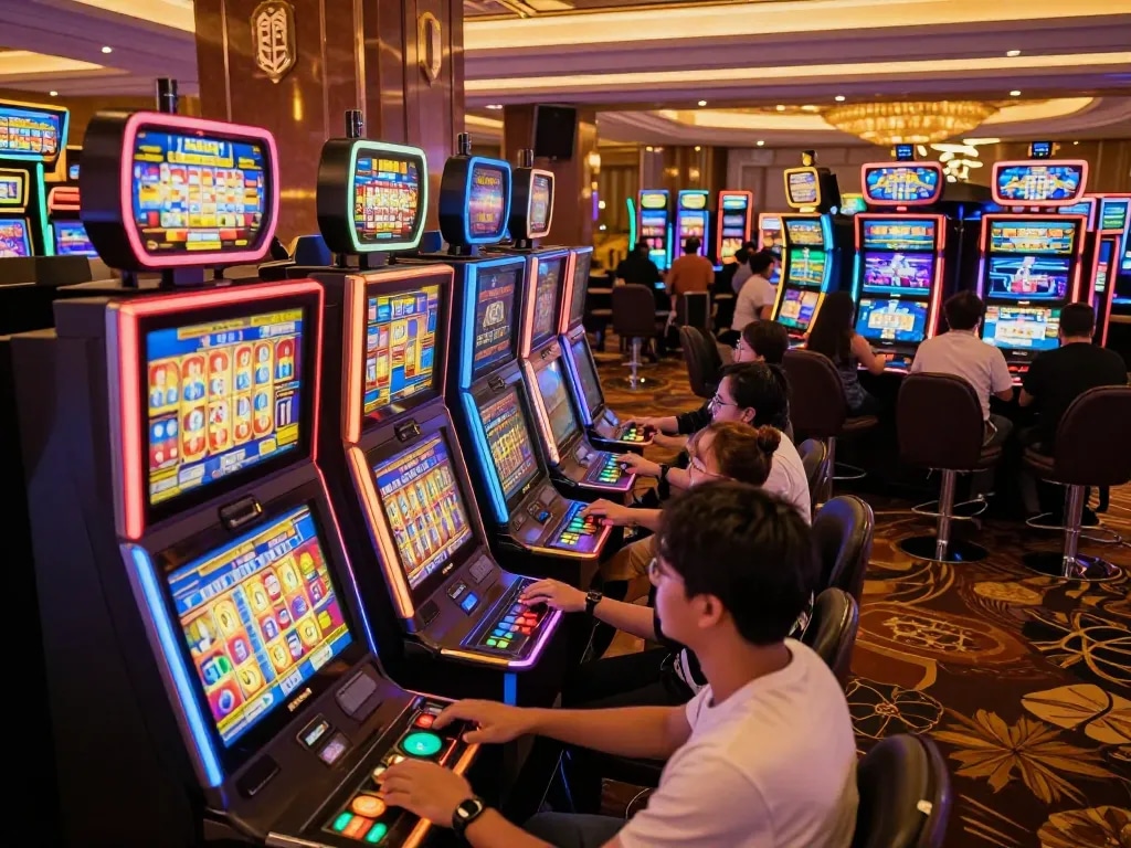 Players spinning the reels at tg88 slot machines in a lively casino atmosphere