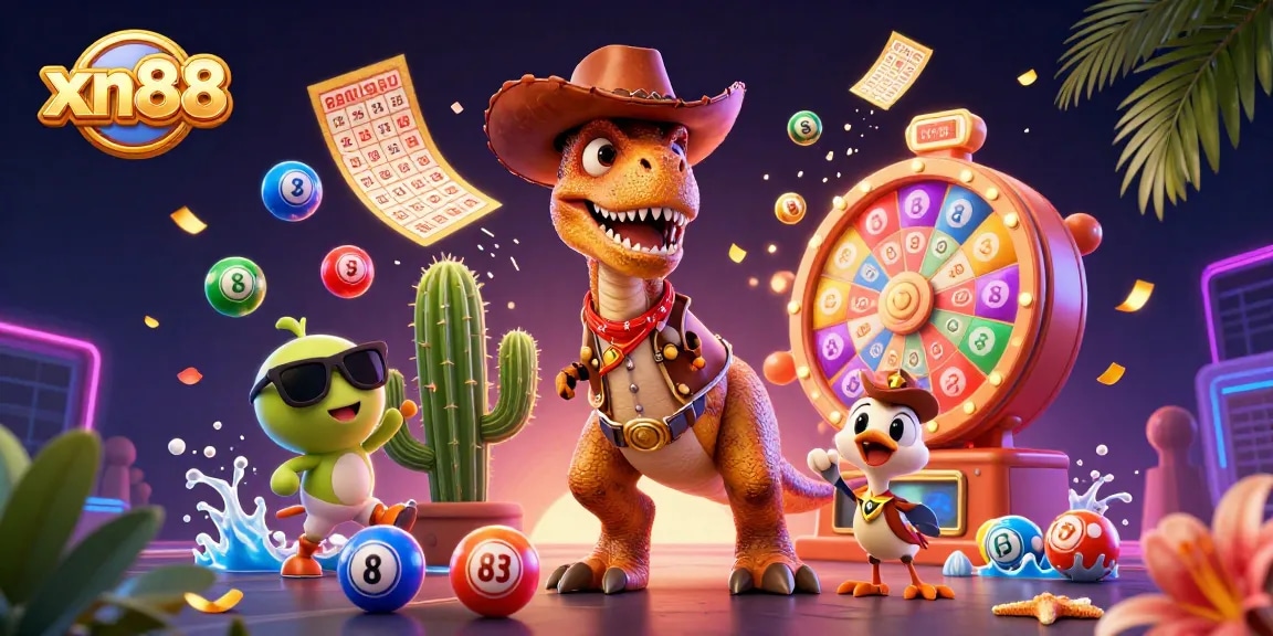 Experience thrilling fun with xn88 as the cowboy dinosaur T-Rex and friends play vibrant casino games with colorful lottery elements.