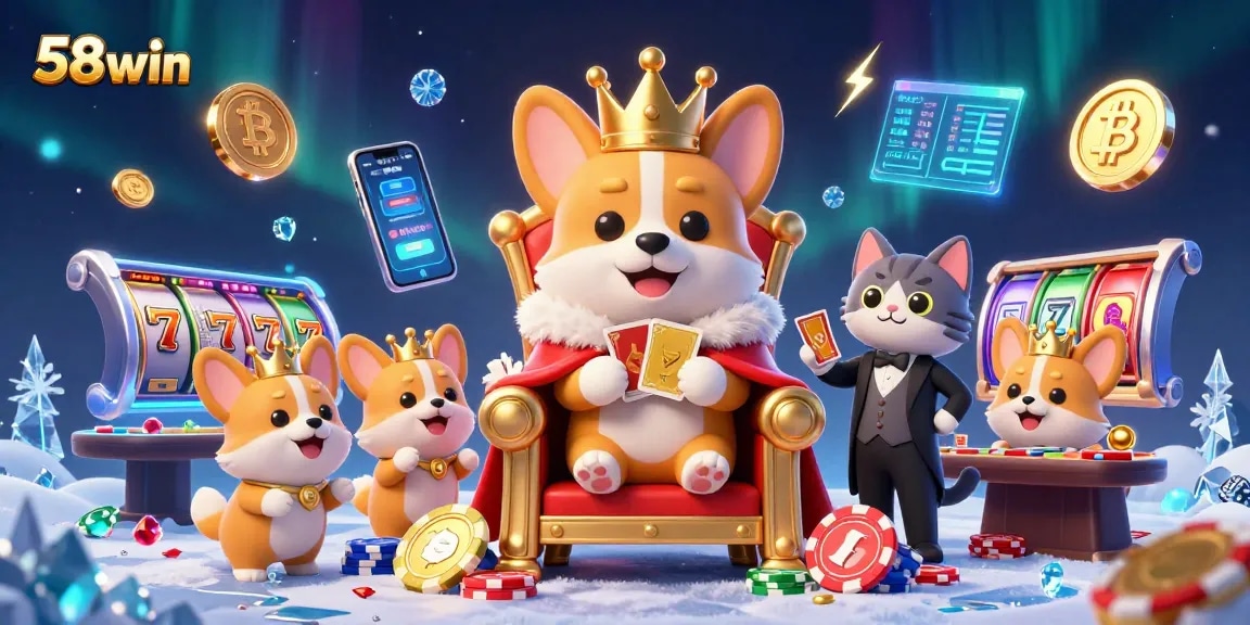 Experience 58win's thrilling slots in a vibrant, 3D animated casino scene.