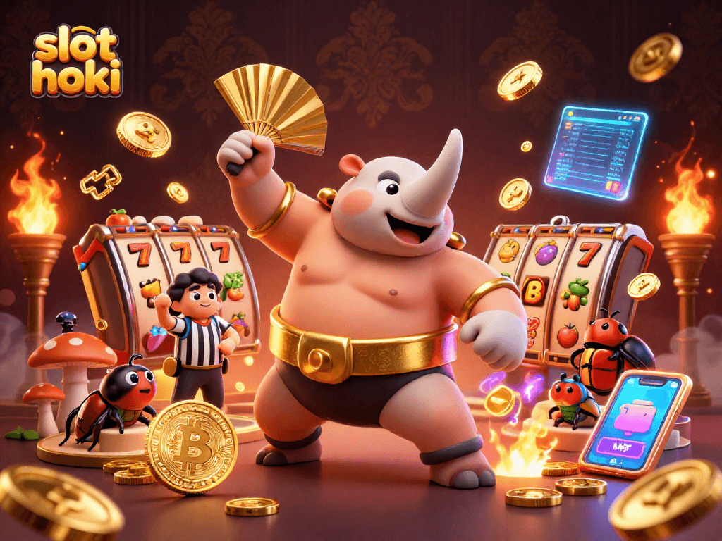 Engage with slot hoki during an electrifying sumo showdown amid flying coins and vibrant casino elements.
