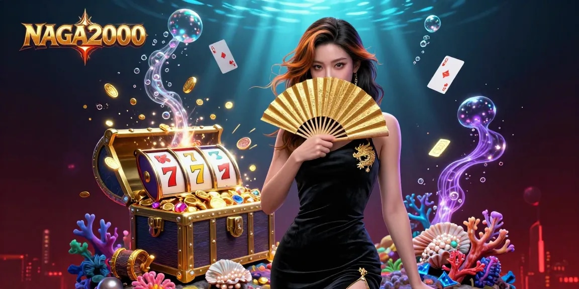 NAGA2000 menawarkan suasana kasino yang hidup dengan seorang wanita Asia yang menakjubkan dikelilingi oleh gulungan slot yang melayang dan koin emas.