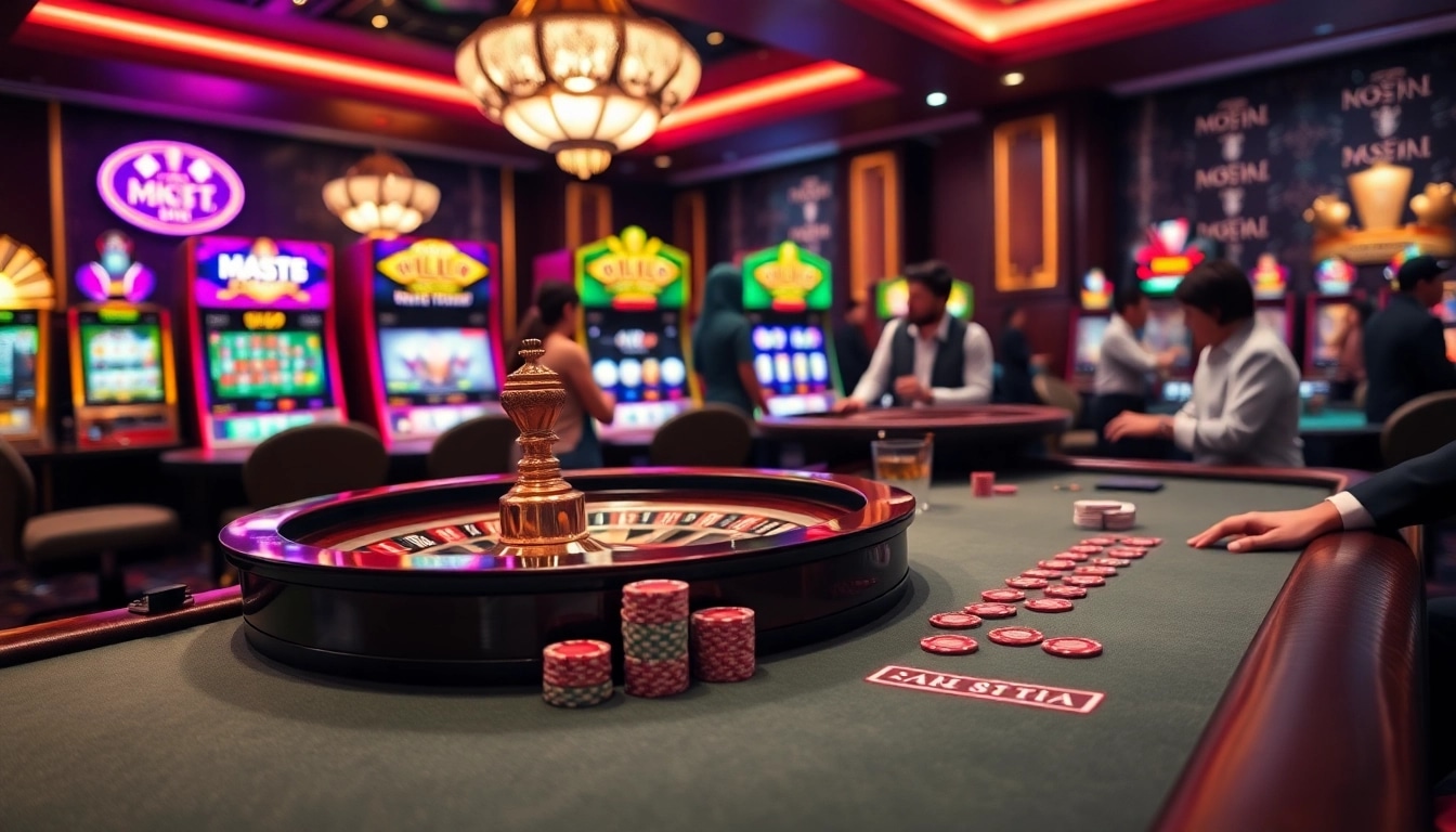 Players enjoying a game at the MK8thai casino table surrounded by vibrant slots and luxurious decor.