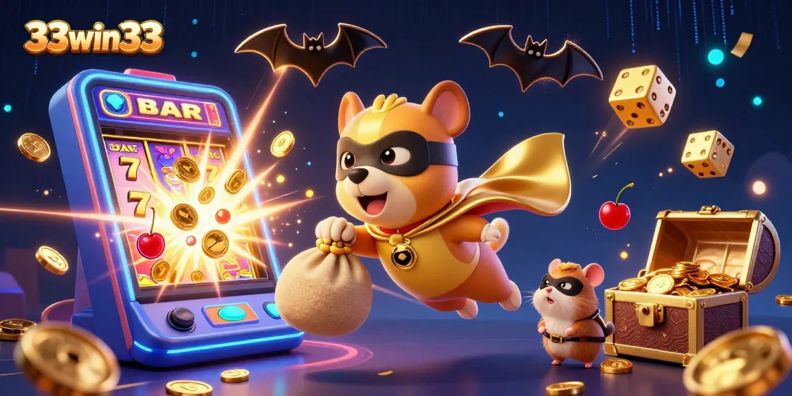 Experience thrilling wins with the dynamic 33win33 3D casino illustration featuring an energetic scene of winning symbols and joyful characters.