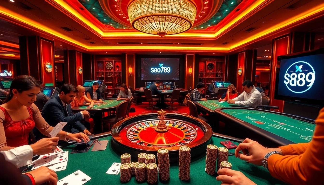 Spectators enjoying high-stakes gambling at the luxurious sao789 casino, with roulette wheel and poker chips.