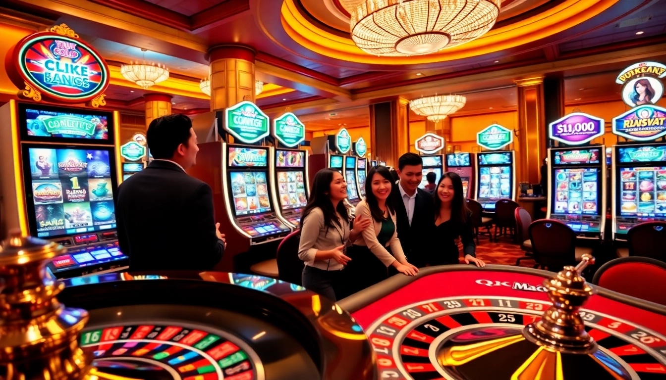 Players enjoying thrilling slot games at QQMacan's vibrant casino environment.