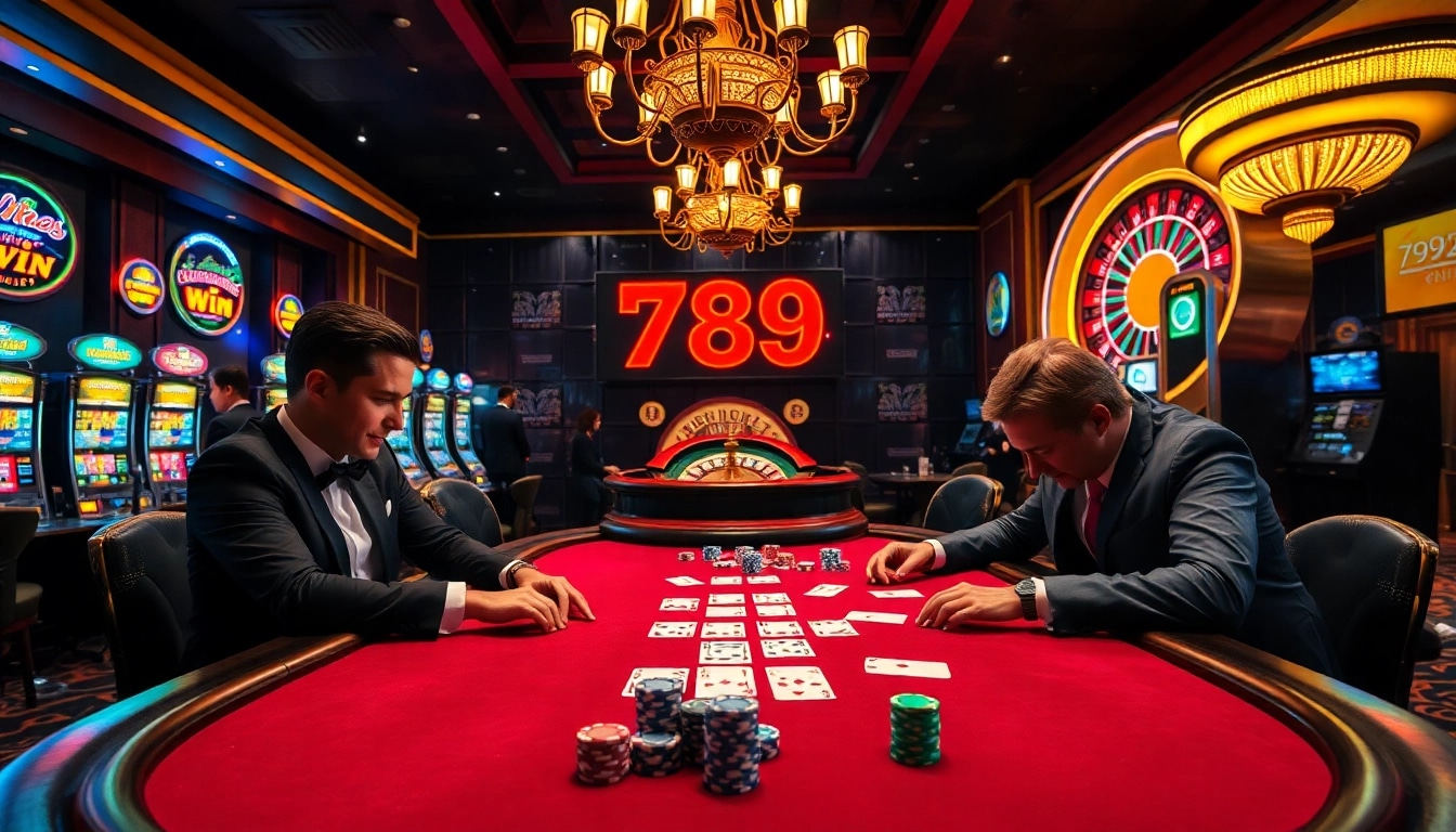 Players engage in high-stakes poker at a luxurious 789 win themed casino table.