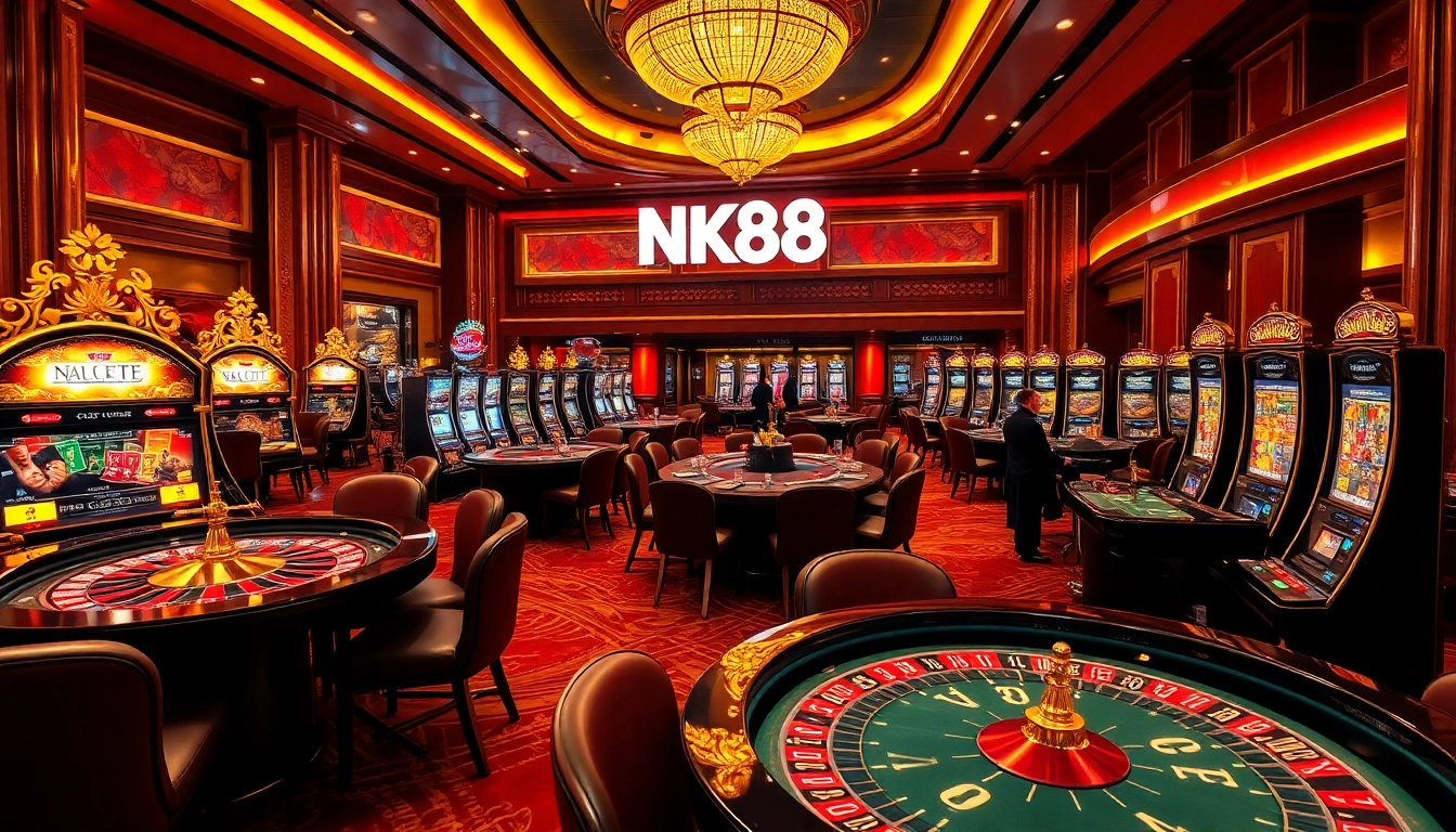 NK88 players enjoying exciting games at a luxurious casino with vibrant slot machines and tables.