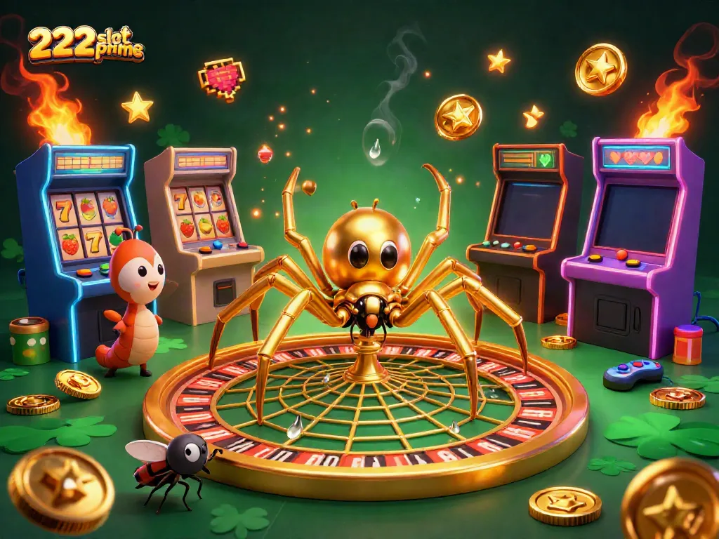 Permainan mesin slot di 222slotprime dengan laba-laba emas dan kiper milipedes.