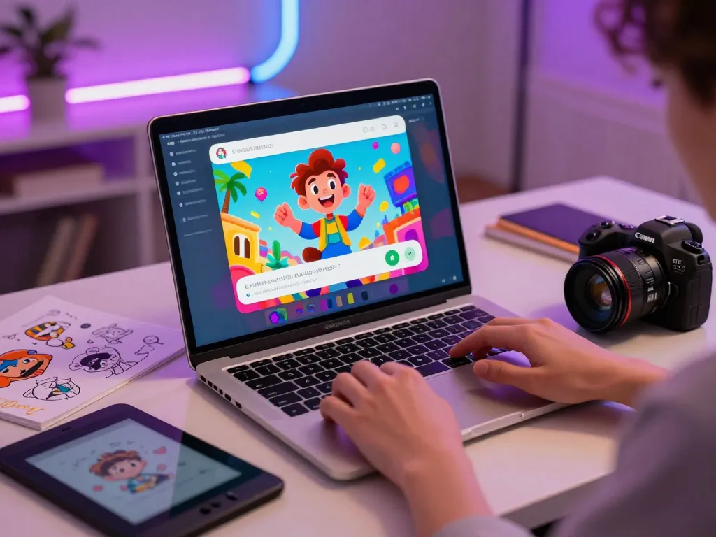 Engaging interaction with nsfw ai character on a laptop in a vibrant digital workspace.