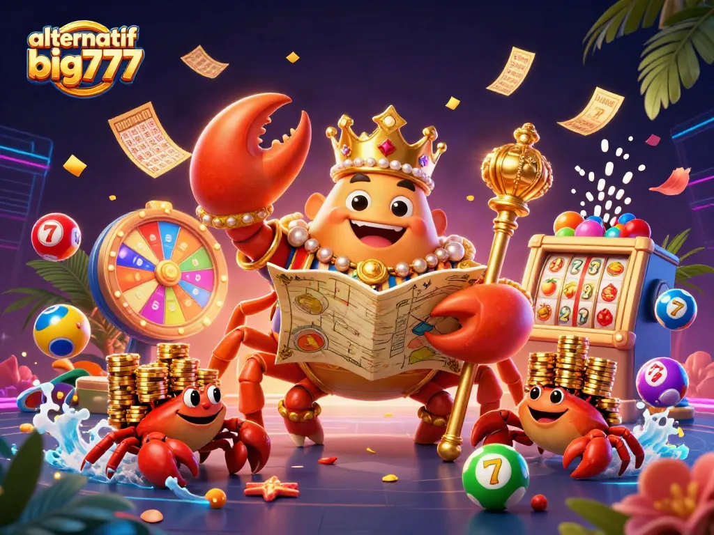 Engage with alternatif big777 in a vibrant 3D casino scene showcasing a golden crab emperor and dynamic game elements.