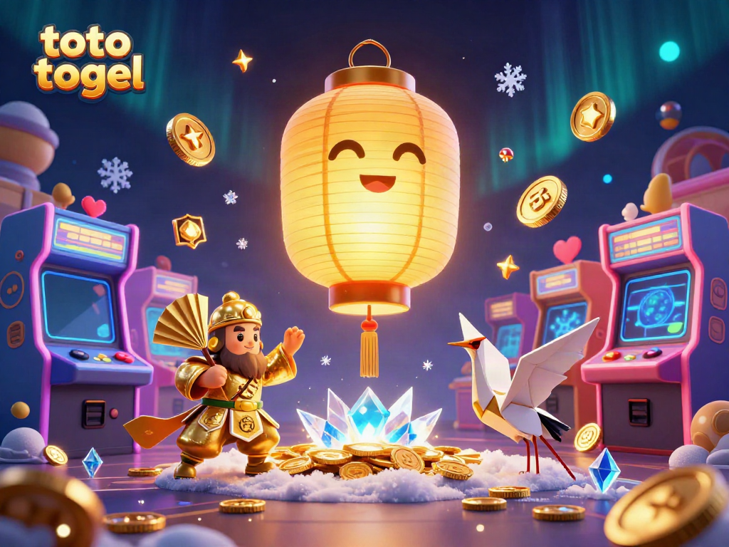 Engage in exciting toto togel games with the glowing lantern spirit above a bustling casino scene.