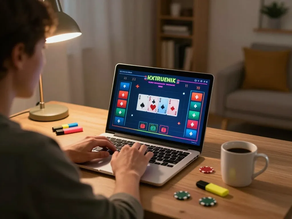 Engaged in an online poker game at home, showing mb88 casino on laptop screen.