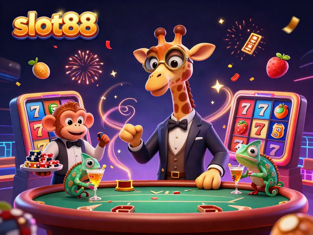 Slot88 menghadirkan ilustrasi 3D jerapah taruhan dengan elemen slot dan jackpot yang meriah.