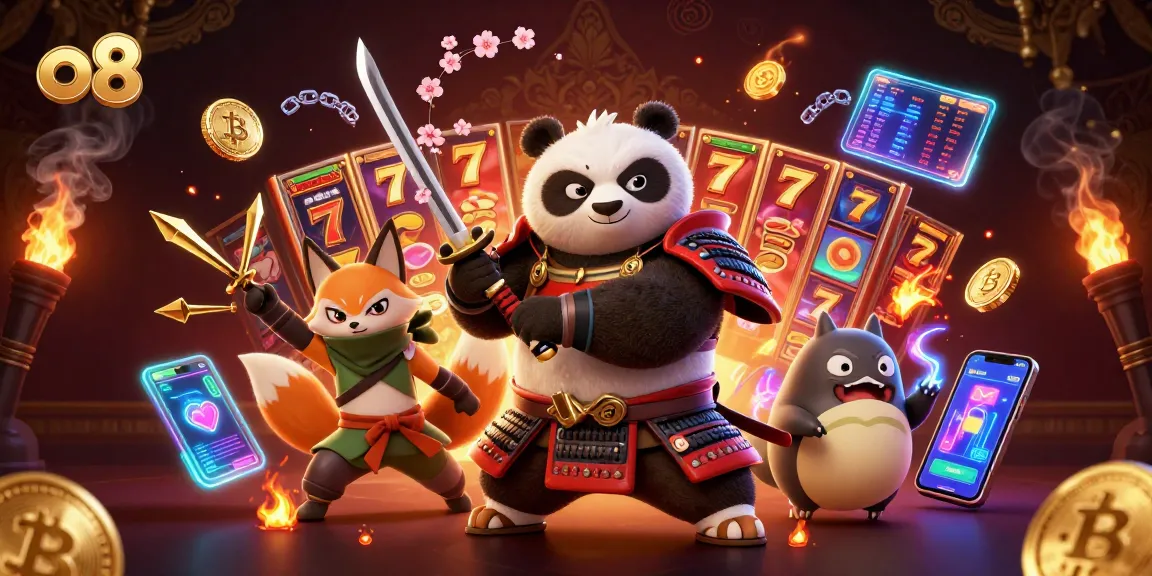 Engage with the dynamic world of o8, featuring a samurai panda and ninja fox in an exciting casino adventure.