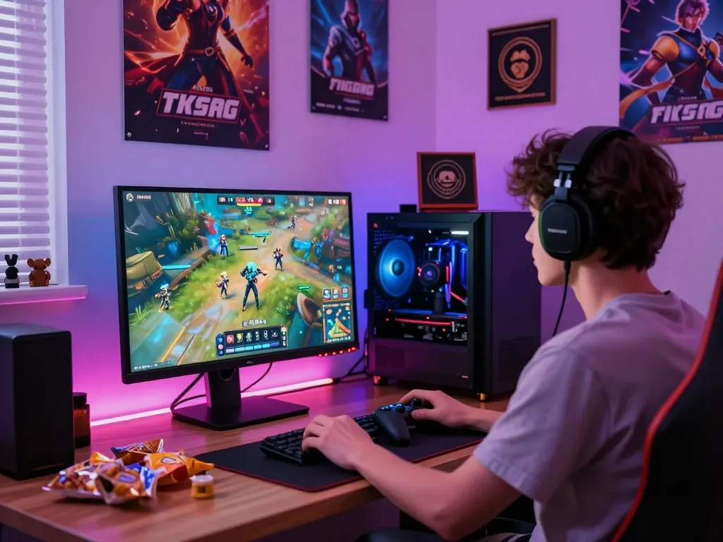 Person enjoying an adult game in a vibrant gaming setup with LED lighting and snacks.