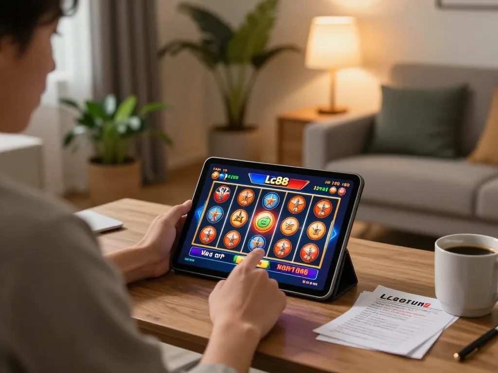Engaging with Lc88 game on a tablet in a cozy home setting with warm lighting and personal touches.