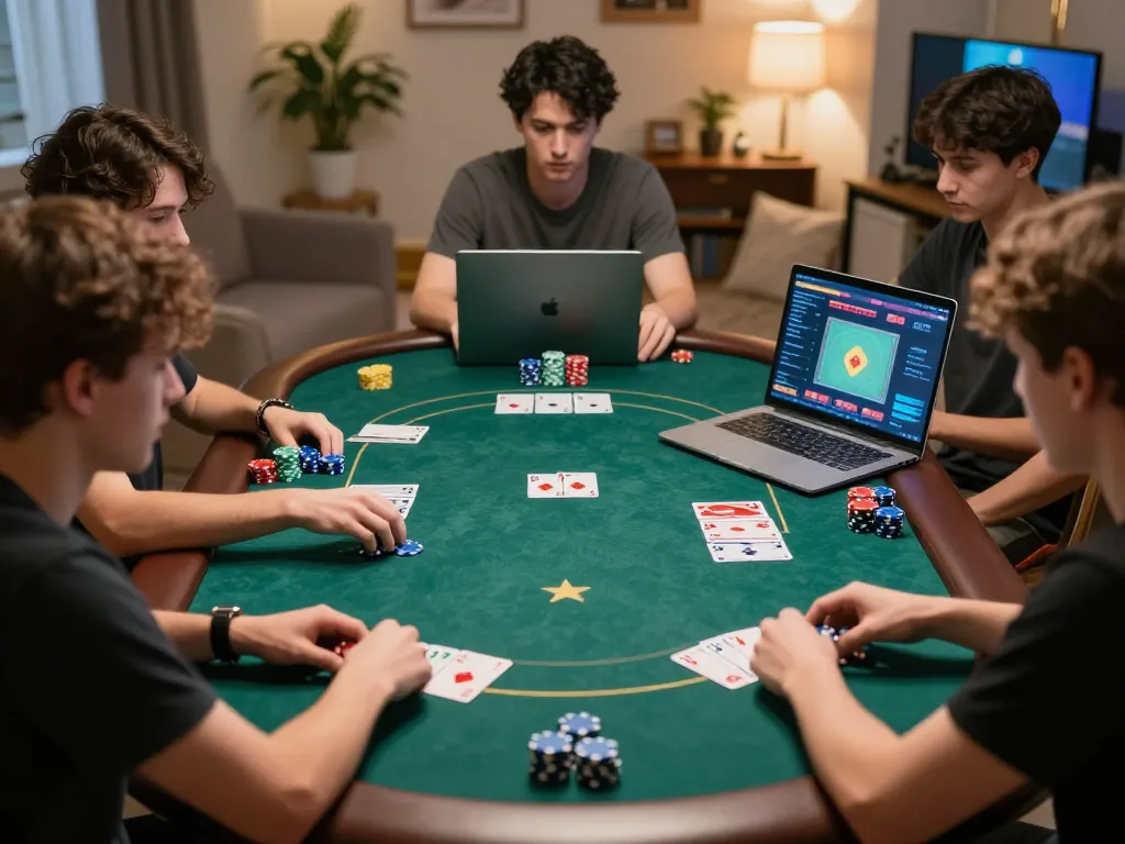 Engaging online poker game scene showcasing qtr88 players in a cozy setting, combining strategy and social enjoyment