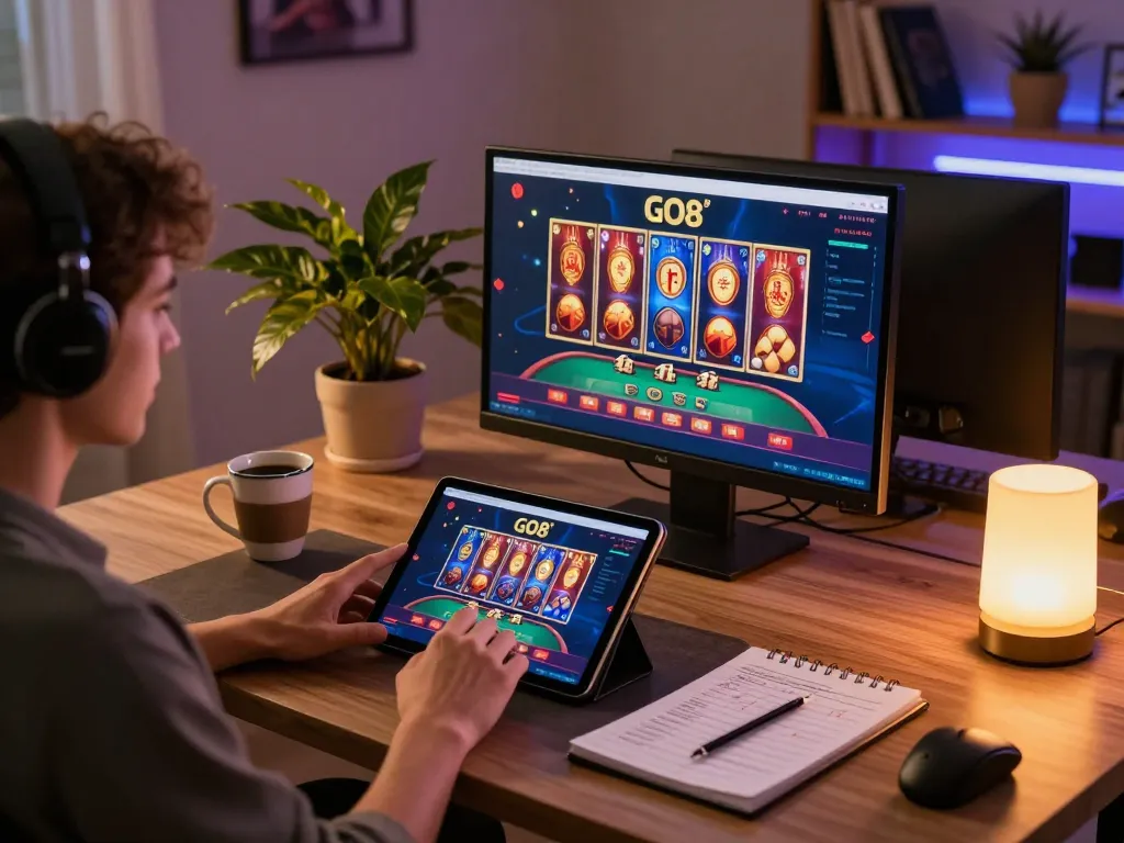 Engaging in GO8 online casino gaming from a cozy home setup, showcasing strategy and convenience.