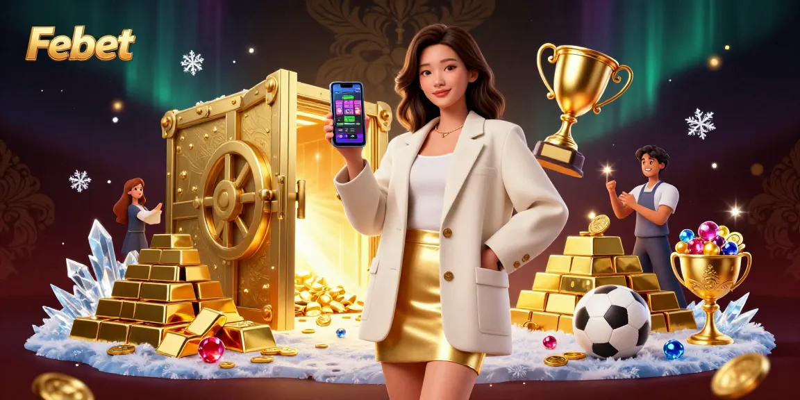 Febet sports betting app showcased by a stylish Asian woman in a vibrant casino setting.
