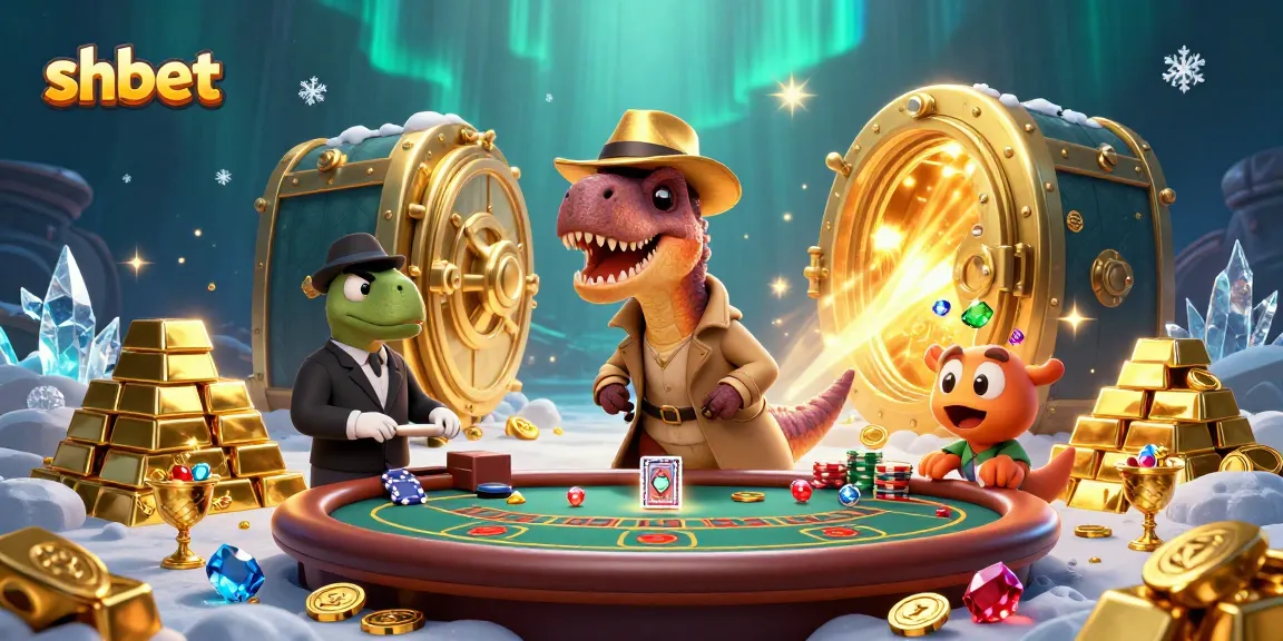 Join shbet for an exciting blackjack experience as our dinosaur characters navigate a vibrant casino scene.