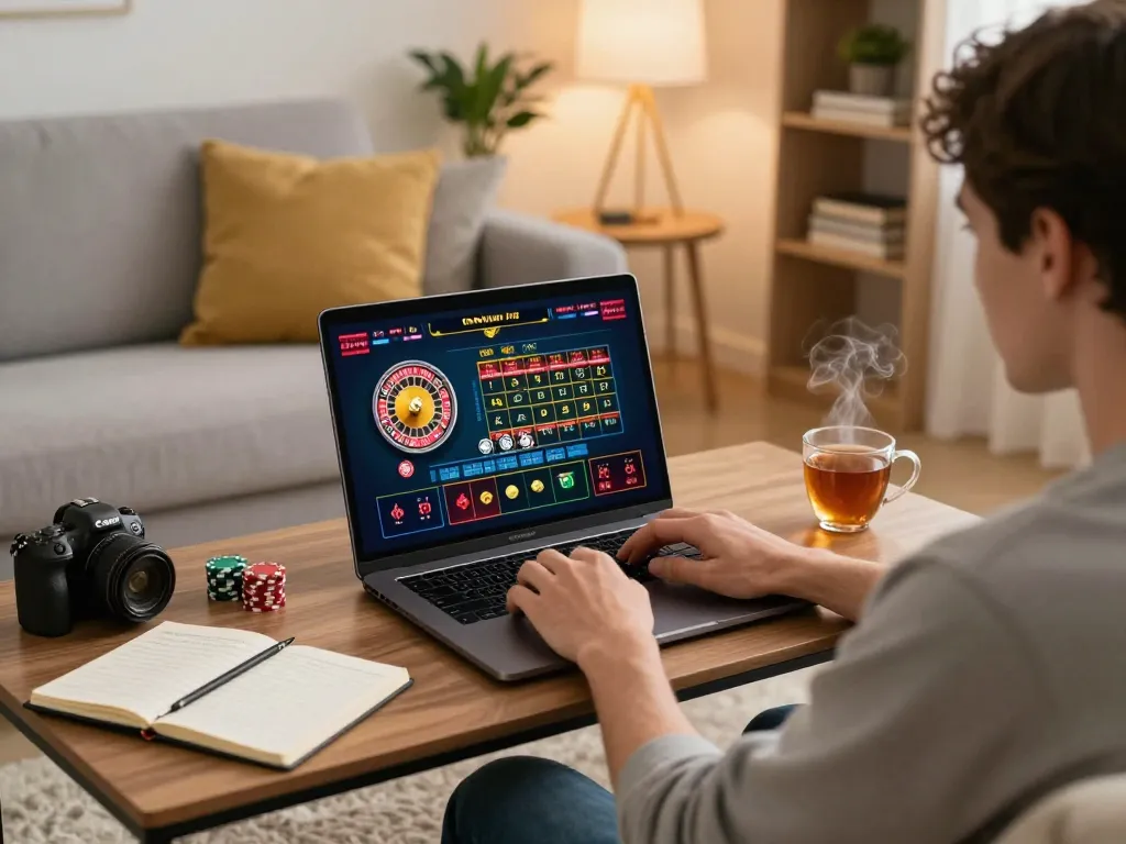 Player enjoying King33 online roulette game in a cozy living room, demonstrating responsible gaming.