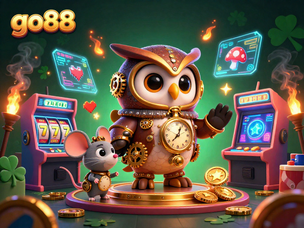 Engage with go88's dynamic casino adventure featuring a time-traveling owl and vibrant slot game elements.