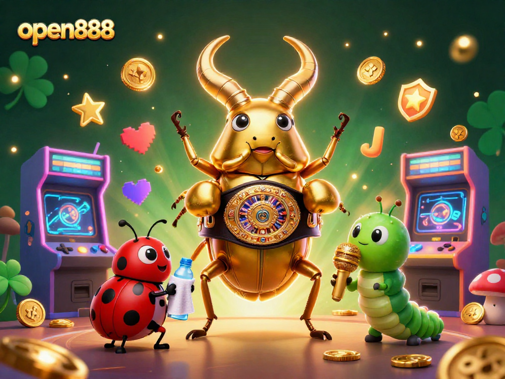 Engage with open888's thrilling games featuring a giant golden stag beetle showcasing casino excitement.
