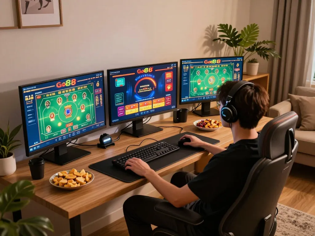 Engaging home gaming setup showcasing Go88 online casino features with vibrant screens and cozy atmosphere